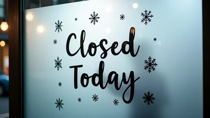 Business closure with festive snowflakes displaying a closed sign today on a store door - Powered by Adobe