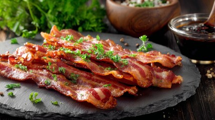 A beautiful presentation of bacon strips on a slate platter, garnished with fresh herbs and served alongside a dipping sauce, perfect for entertaining