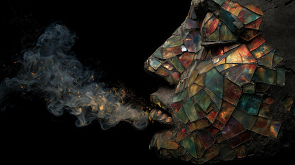 Mosaic face exhales smoky fire against dark background. Suitable for mystical, fantasy, and occult themed designs in print and digital media.