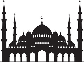 Black Silhouette Blue Mosque Islamic Architecture Minarets Domes Crescent Moons White Background vector
