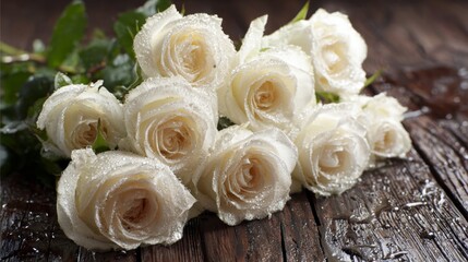 Obraz premium A bouquet of white roses with glistening water droplets, placed on a dark wooden surface for an elegant and classic feel