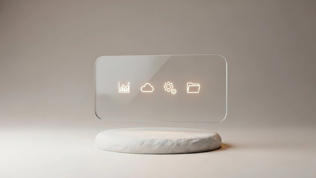 Minimalist presentation of cloud computing and data management with a modern glass interface showcasing system settings and file storage