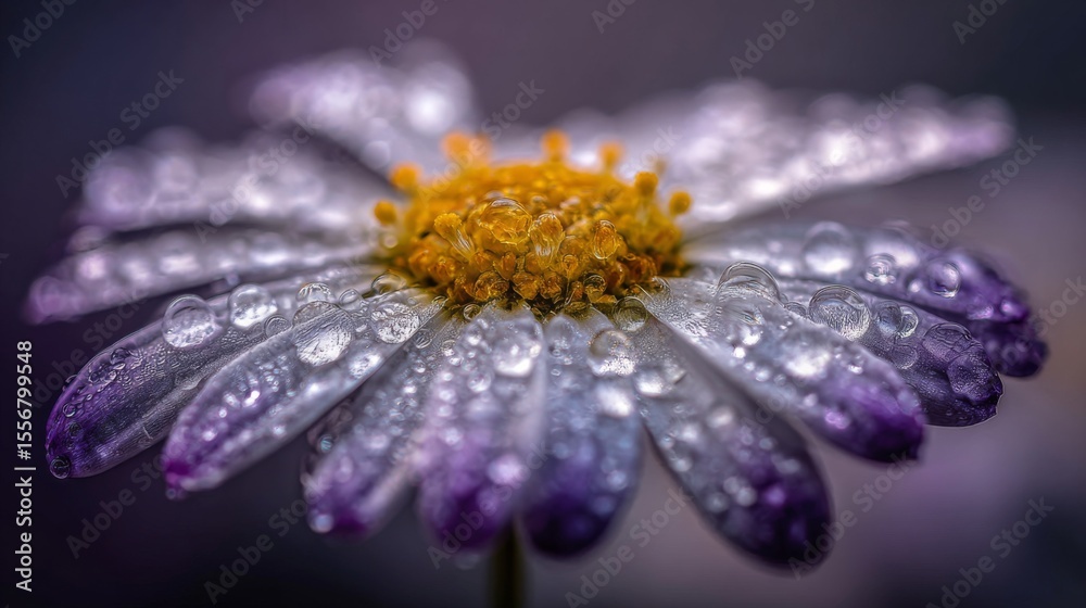 Poster a captivating close-up of a delicate daisy with water droplets, showcasing the intricate details of 