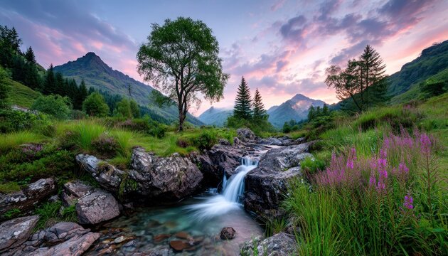 Mountain stream at sunset