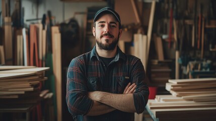A confident European male carpenter stands in his workshop, surrounded by wood and tools, showcasing his craftsmanship and commitment to quality work.