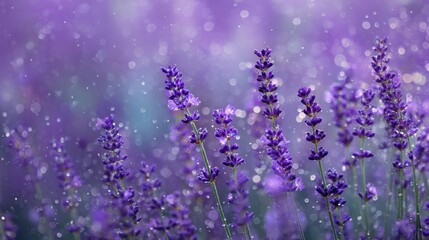 Fototapeta premium A captivating view of a field of lavender with raindrops on the blossoms, creating a dreamy and tranquil atmosphere with soft purple hues and fresh aromas.