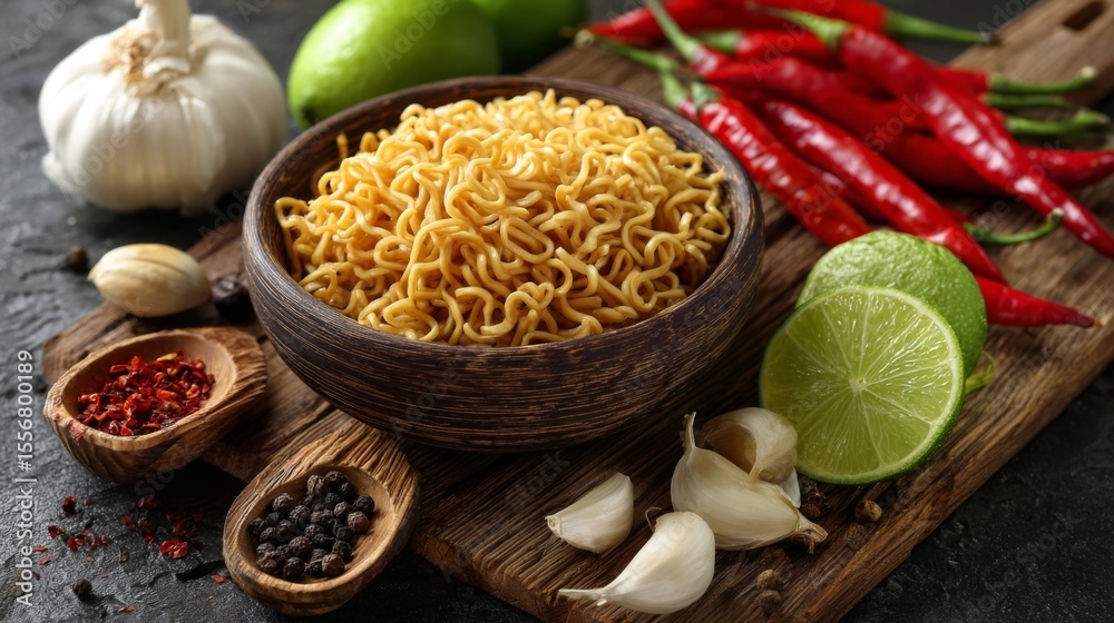 Poster a charming setup with instant noodles in a bowl, surrounded by fresh ingredients like chili peppers,