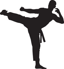 Black Silhouette Martial Artist High Kick Dynamic Pose Powerful Movement Strong Athlete vector