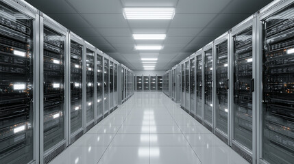 Fototapeta premium Bright minimalist server room with clean modern design, rows of network racks, data storage equipment, futuristic technology interior, efficient and professional atmosphere.