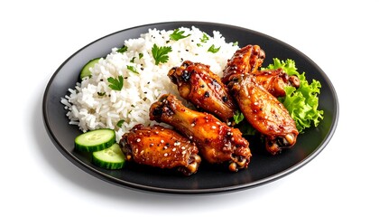 Grilled chicken wings with rice and cucumber