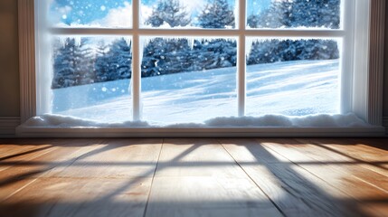 Snowy Winter Landscape Seen Through Frosty Window