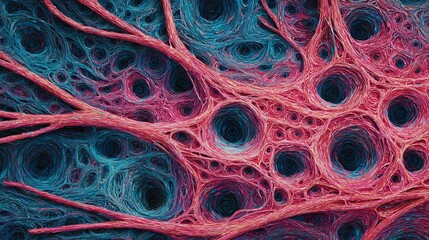 Surreal pink and blue organic network blends natural textures with post-apocalyptic visual patterns.