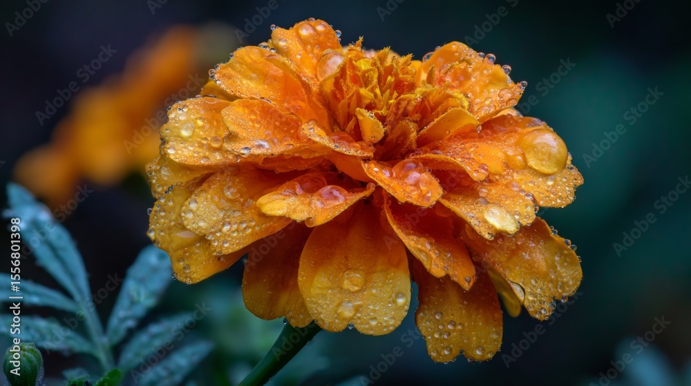 Poster a close-up of a vibrant orange marigold with droplets of water clinging to its petals, showcasing it