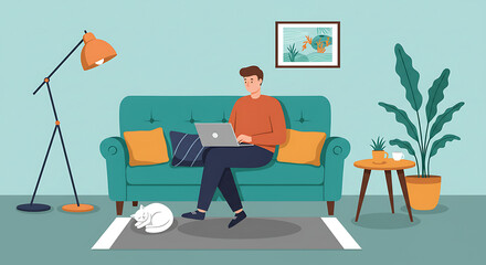 employee or freelancer works from home on a laptop, sitting on a cozy sofa . A flat vector showing a comfortable remote work lifestyle. Set for work from anywhere theme, remote work, lifestyle
