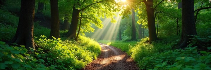 Sun-Dappled Forest Path A Magical Winding Trail Through Lush Green Foliage, Perfect for Nature, Travel, and Adventure Photography