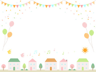 楽しそうな街並みの手描きフレーム背景イラスト素材