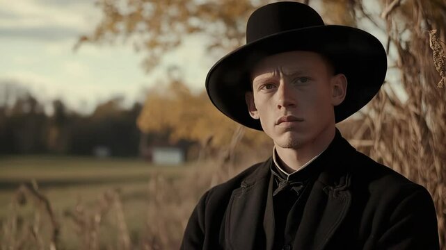 A young man wearing a black hat and a black coat