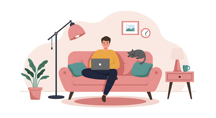 employee or freelancer works from home on a laptop, sitting on a cozy sofa . A flat vector showing a comfortable remote work lifestyle. Set for work from anywhere theme, remote work, lifestyle

