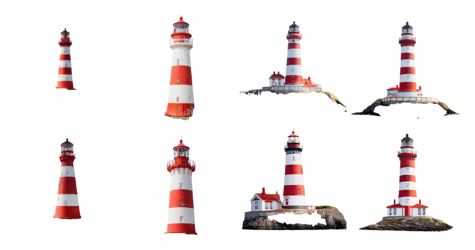 Various Red and White Lighthouses on Rocky Coastal Landscapes, PNG bundle collection, Isolated on Transparent Background