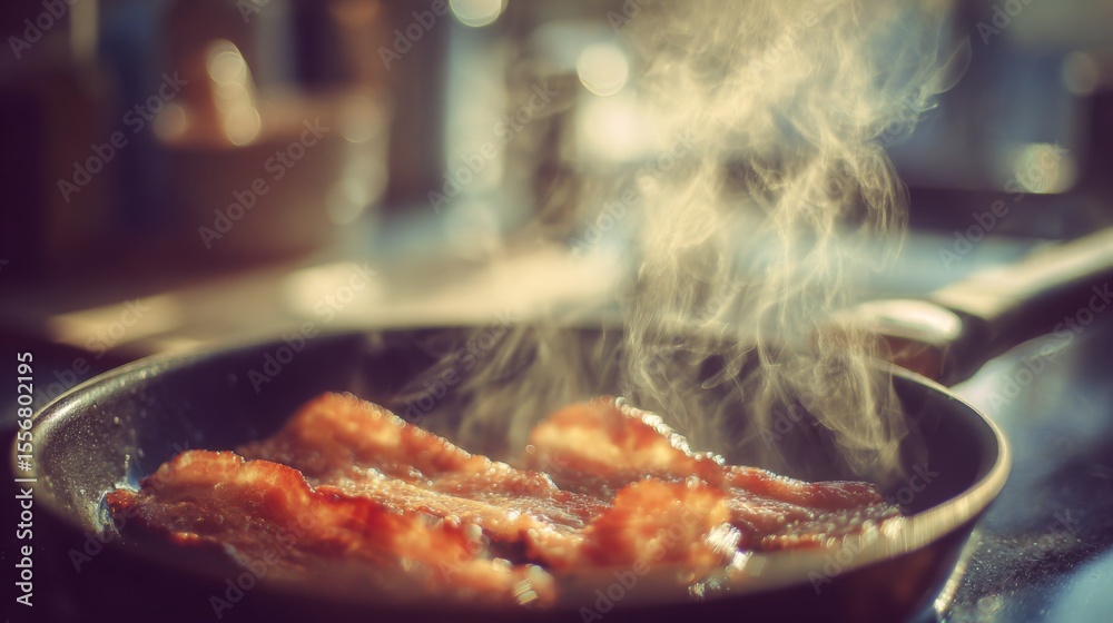 Poster a close-up shot of bacon sizzling in a frying pan, with steam rising and a soft focus on the backgro