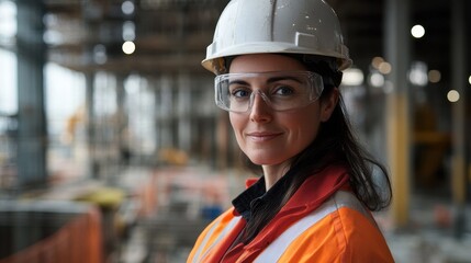 A confident female engineer in her early 30s wearing safety gear at a construction site. She embodies professionalism and empowerment in a traditionally male-dominated field.
