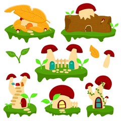 fantasy mushroom house illustration set 