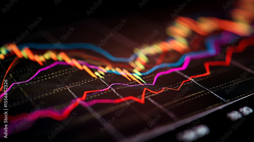 Poster A close-up view of a financial chart with various colored lines depicting market performance over time, set on a sleek desk with a blurred background.