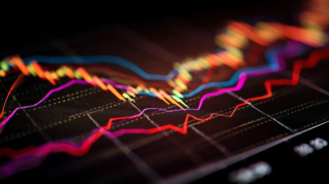 A close-up view of a financial chart with various colored lines depicting market performance over time, set on a sleek desk with a blurred background. - Powered by Adobe