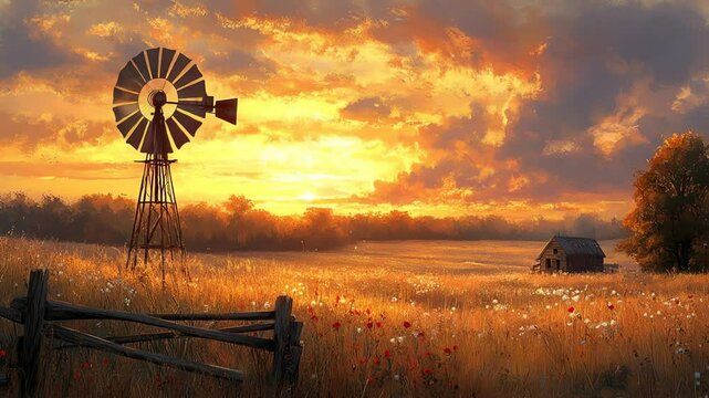 Golden sunset illuminates a field with a windmill fence wildflowers  small shack