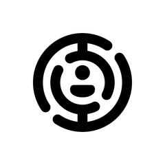 A stylized depiction of a person icon centered within a circular maze design in solid black color on white