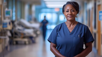 Fototapeta premium A confident middle-aged African American nurse standing in a hospital corridor. She represents dedication and professionalism in the healthcare industry.