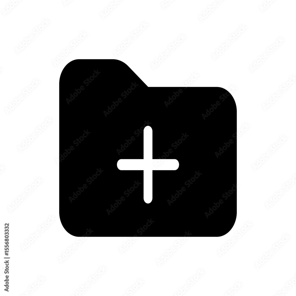 Poster black folder icon with a white plus sign in the center representing adding a new file or document op