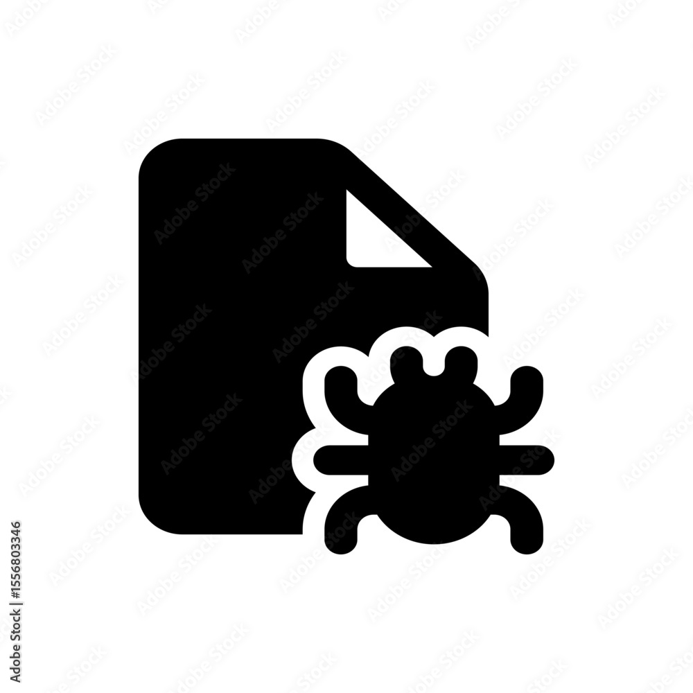 Poster black document icon with folded corner and bug overlay representing file corruption or malware threa