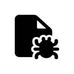 Black document icon with folded corner and bug overlay representing file corruption or malware threat issue