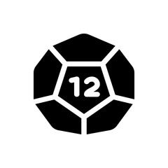 A black d twelve dice with white lines separating the sides and the number twelve in the center of the die