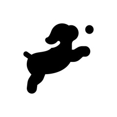 Silhouette of a playful dog leaping towards a ball, rendered in solid black against a white background view