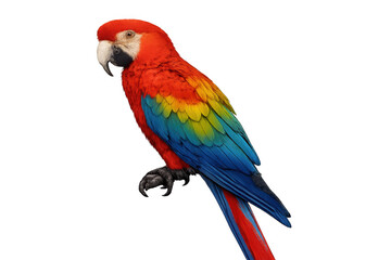 Obraz premium Scarlet macaw displaying vivid feathers while perching against clean white backdrop