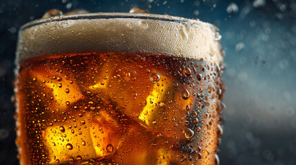 Close up of a glass of beer with ice cube, golden color, refreshing cold drink, frothy bubbles, perfect for bar, pub, party, or summer refreshment.