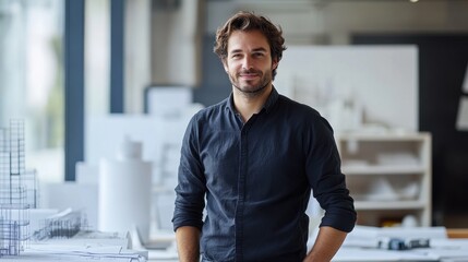 A confident European male architect stands in a modern office, showcasing his creative workspace. He smiles while surrounded by design plans and blueprints.