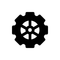 Black gear with six spokes radiating from a central circle and scalloped edge on a white background