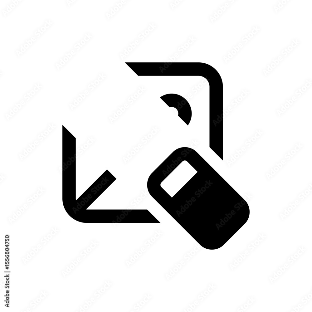 Poster black and white image showing a document with an arrow and a rectangular object on the lower right c