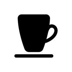 A simple black silhouette of a coffee cup with a handle sitting on a saucer against white background