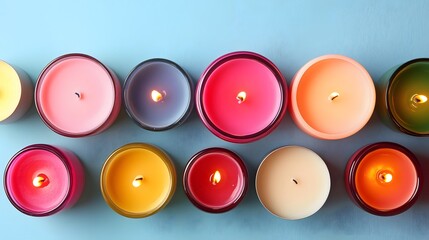 Colorful Scented Candles Arrangement on Blue Background