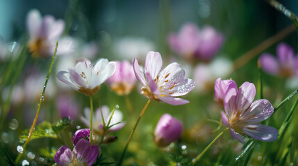 Fototapeta premium Close up view of blooming spring flowers in a meadow, vibrant natural colors, seasonal beauty, fresh petals, floral landscape, perfect for nature, garden, and seasonal concepts.