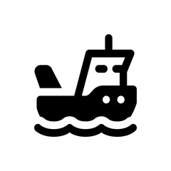 Illustration of a black silhouette of a boat sailing on wavy water with a visible mast and cabin design