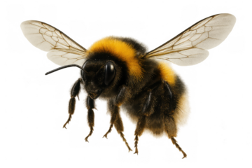 Fuzzy bumblebee spreading wings mid-flight, delicate wing membranes showcasing pollinator's aerial elegance against clear backdrop