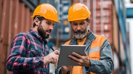 Warehouse,  d manufacturing with tablet, inventory and checklist in a factory. person, worker and employee .Engineers are overseeing the transportation of cargo with containers inside the warehouse. 