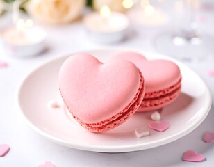 Pink heart-shaped macarons on a plate (1)