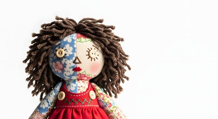 Charming Handmade Rag Doll with Curly Brown Hair and Patchwork Dress Unique Textile Art Toy