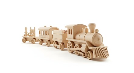 Wooden Train Set: A charming wooden train set, meticulously crafted with intricate detail. The train stands out, invoking feelings of childhood wonder and the spirit of exploration. 